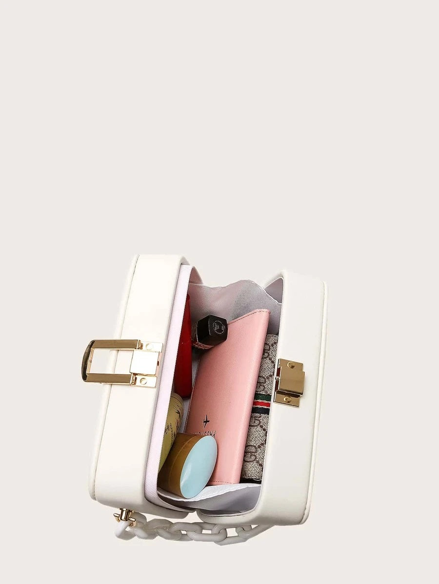 CM-BGS009475 Women Trendy Seoul Style Chain Plain Box Bag - White