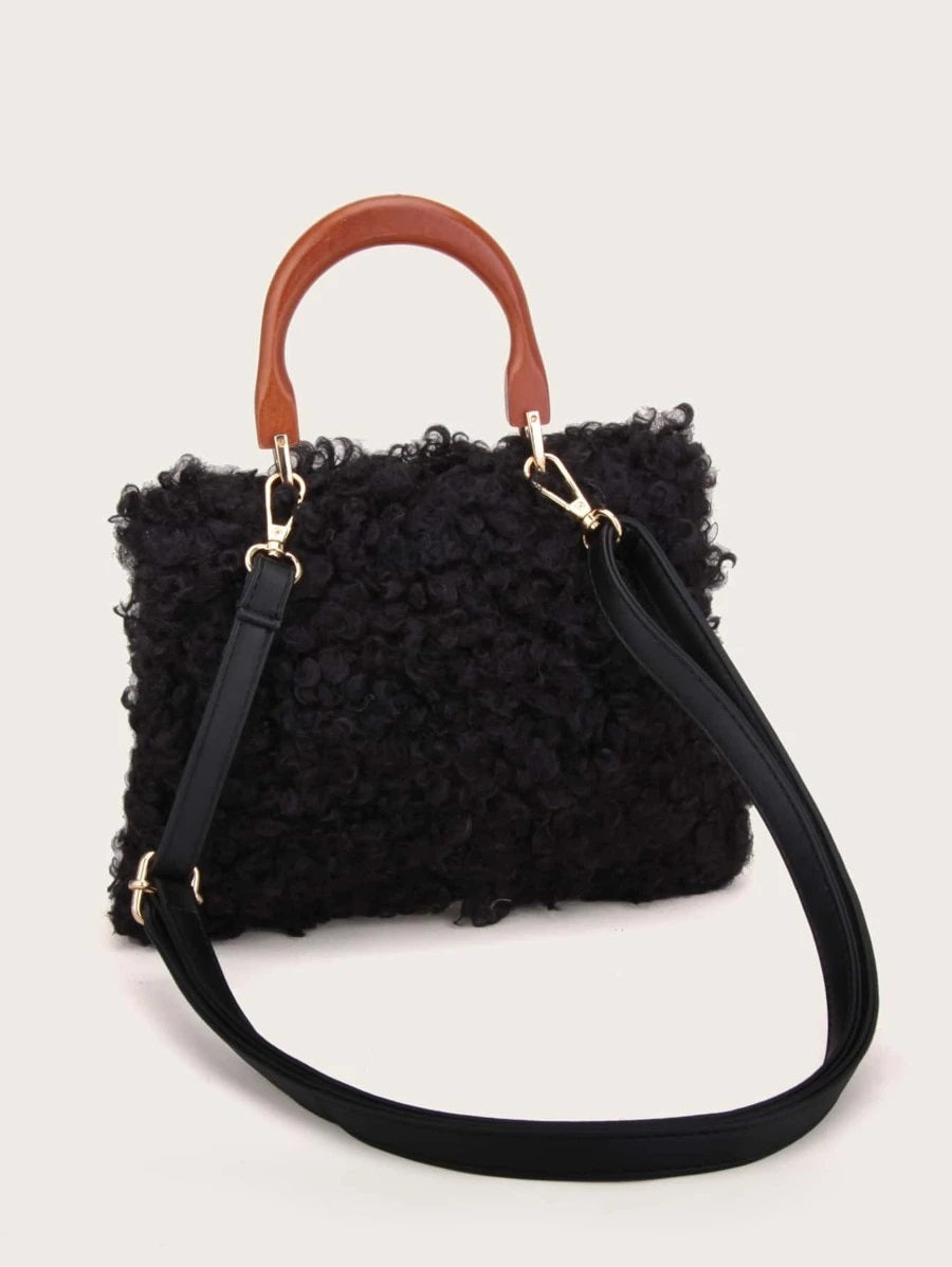 CM-BGS009317 Women Trendy Seoul Style Push Lock Fluffy Satchel Bag - Black