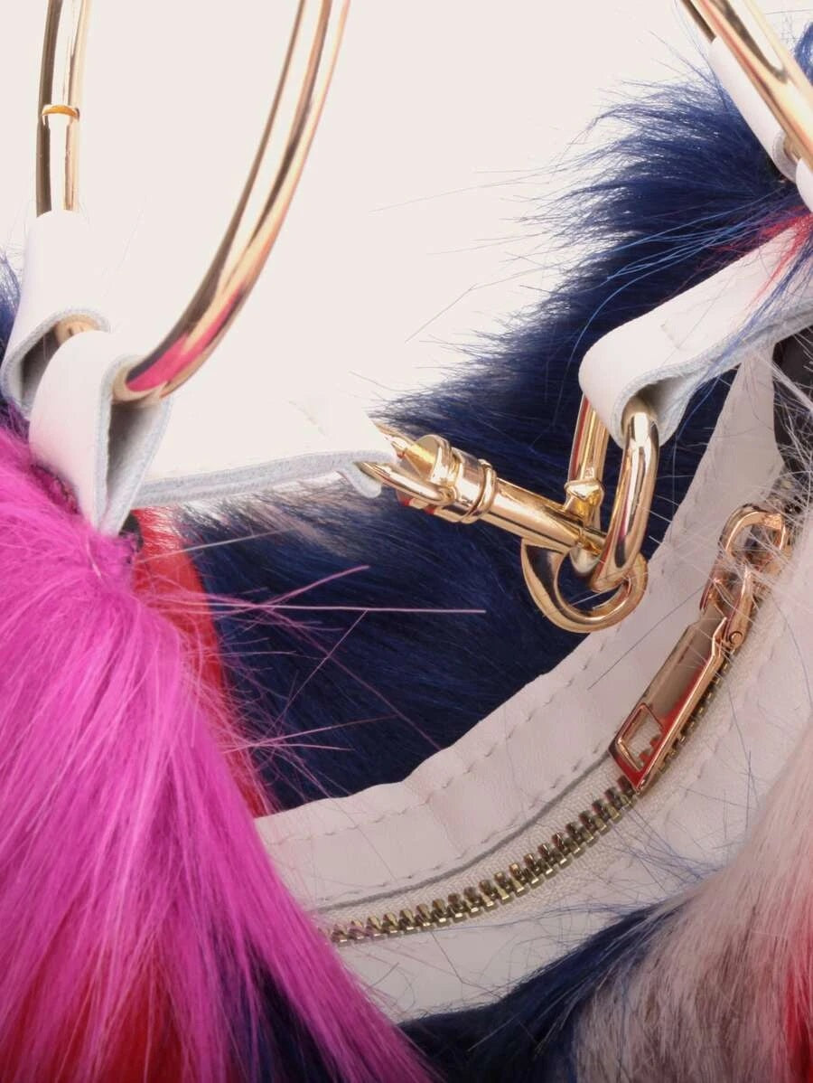 CM-BGS013828 Women Trendy Seoul Style Color Block Faux Fur Satchel Bag
