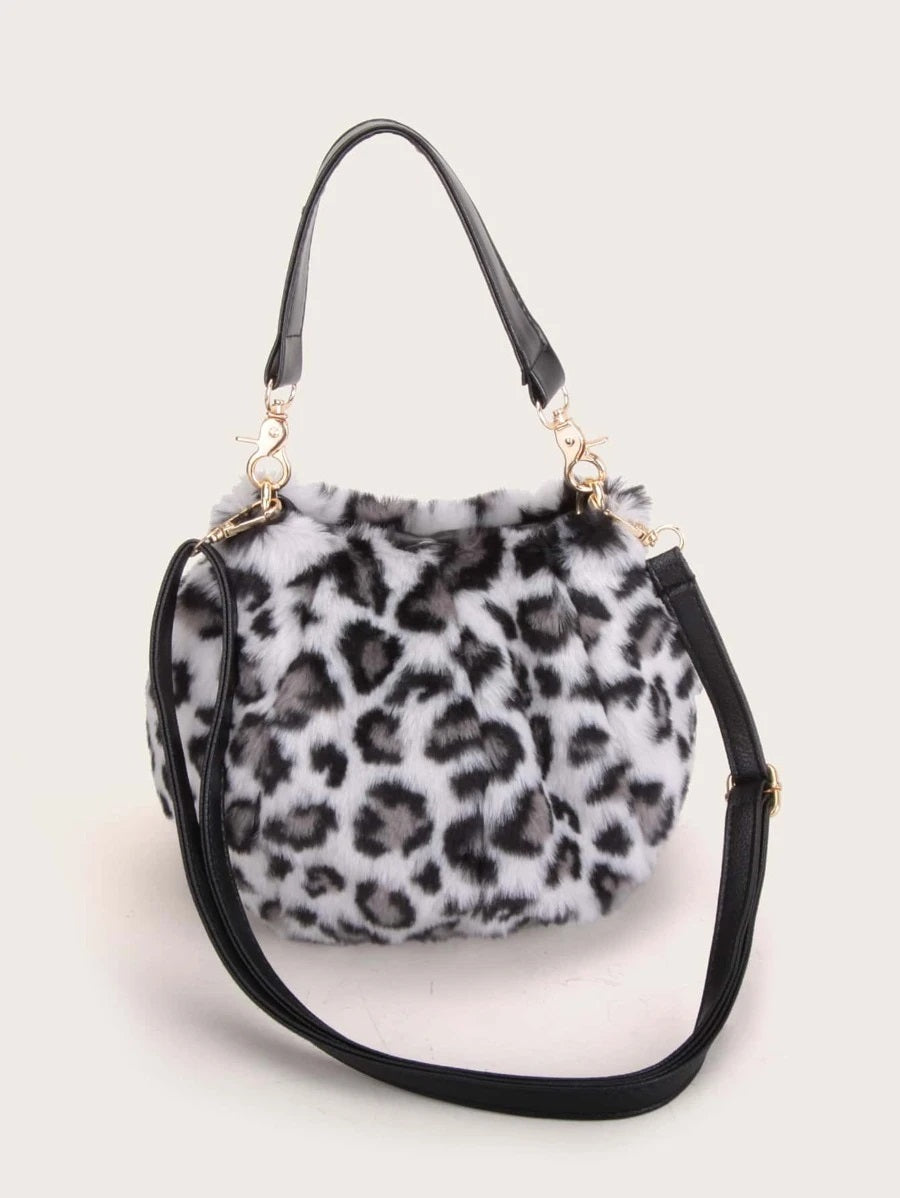 CM-BGS013815 Women Trendy Seoul Style Leopard Fluffy Bucket Bag