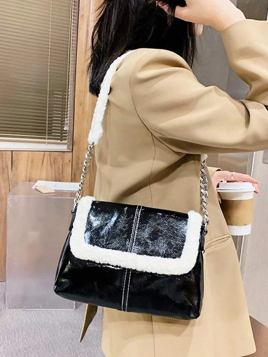 CM-BGS013982 Women Trendy Seoul Style Contrast Faux Fur Shoulder Bag - Black