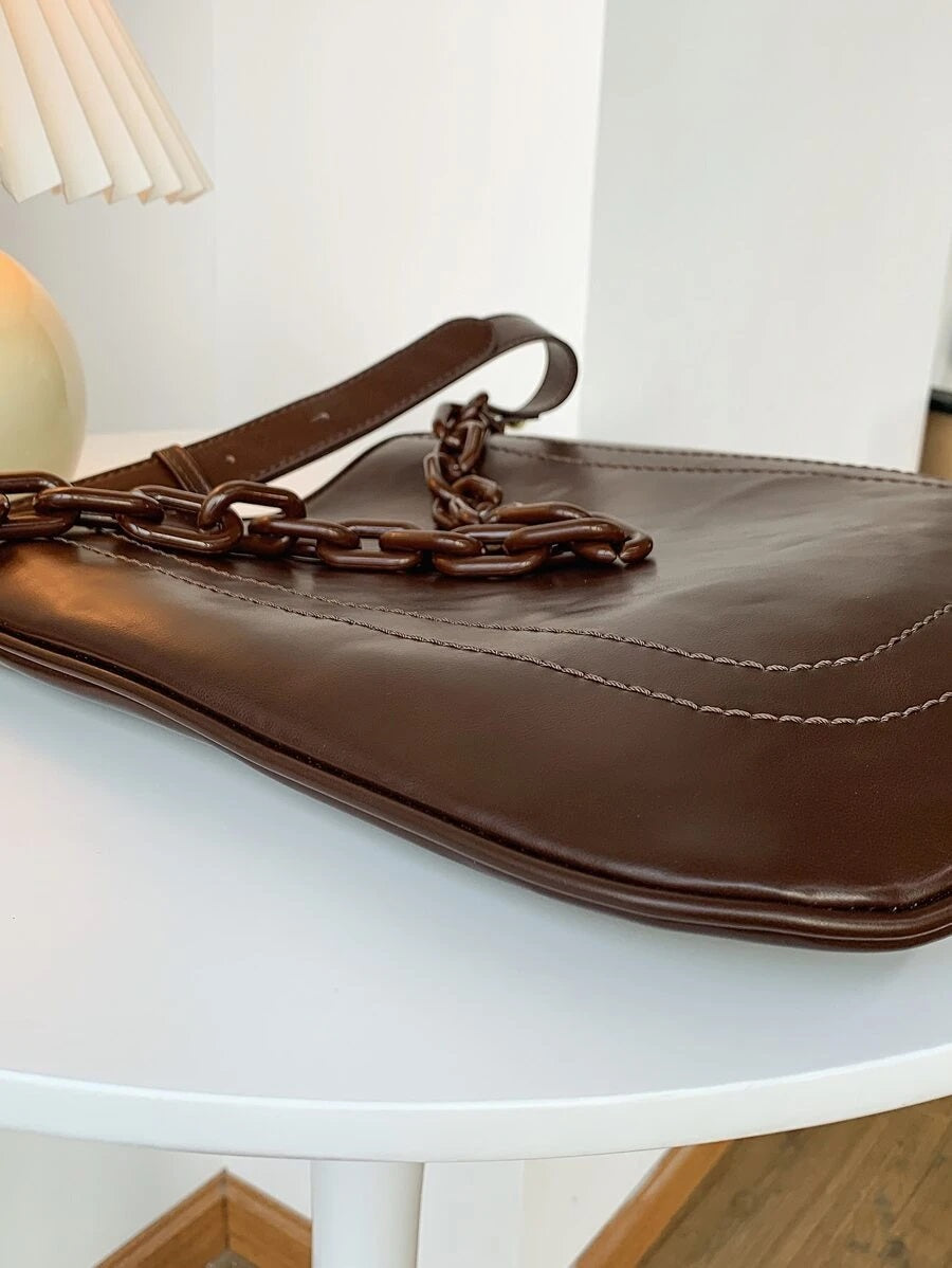 CM-BGS013220 Women Trendy Seoul Style Stitch Detail Chain Shoulder Bag - Brown
