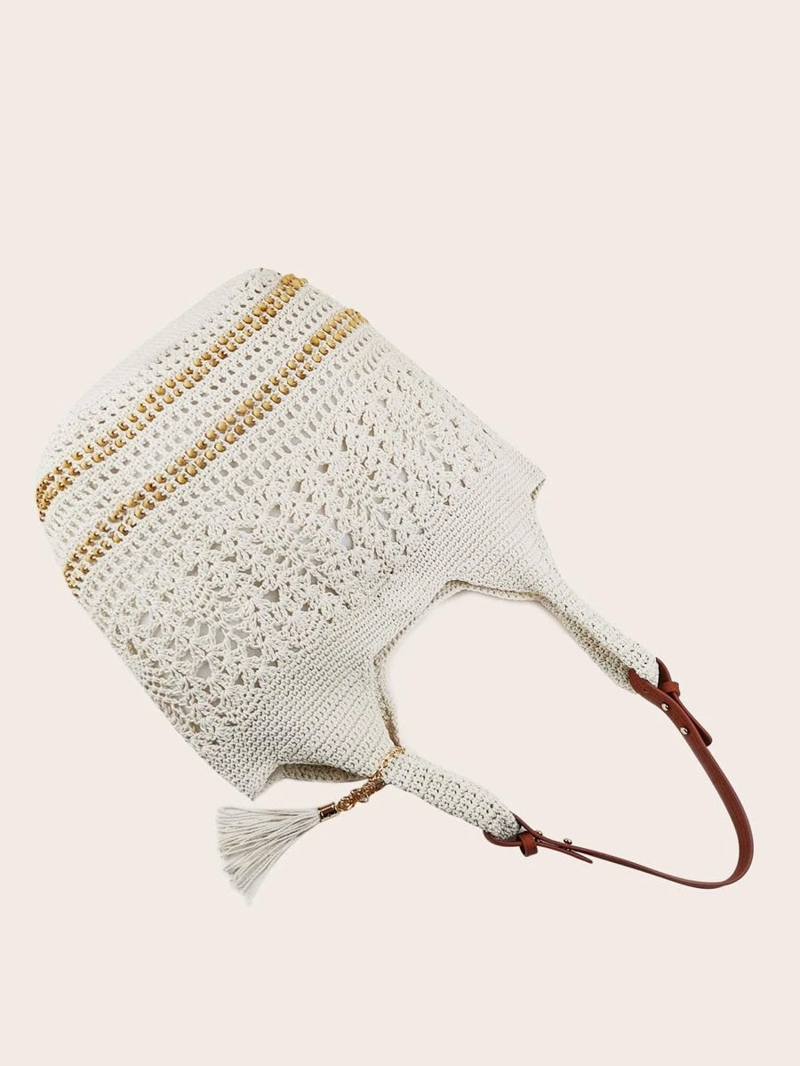 CM-BGS015234 Women Trendy Seoul Style Tassel Charm Crochet Bucket Bag - White