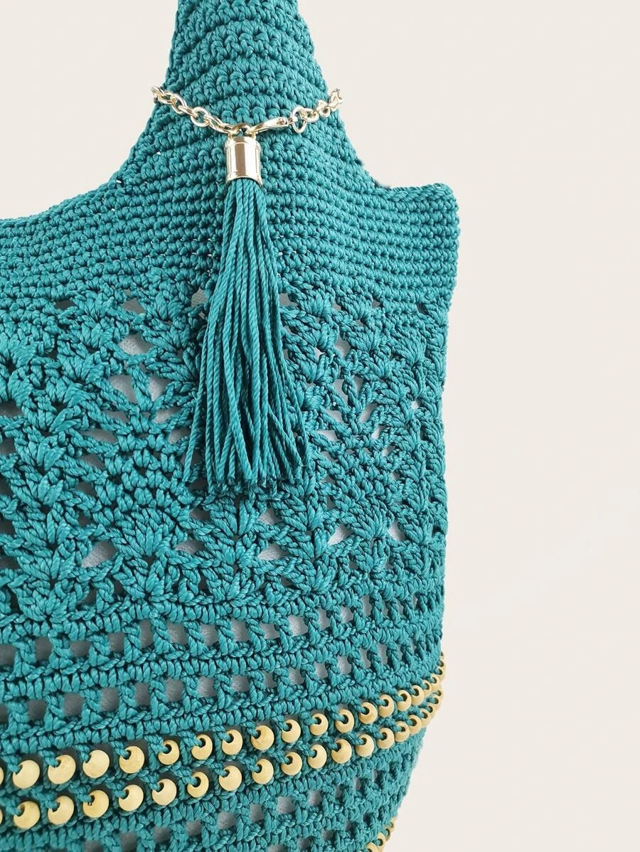 CM-BGS015518 Women Trendy Seoul Style Tassel Charm Crochet Bucket Bag - Teal Blue