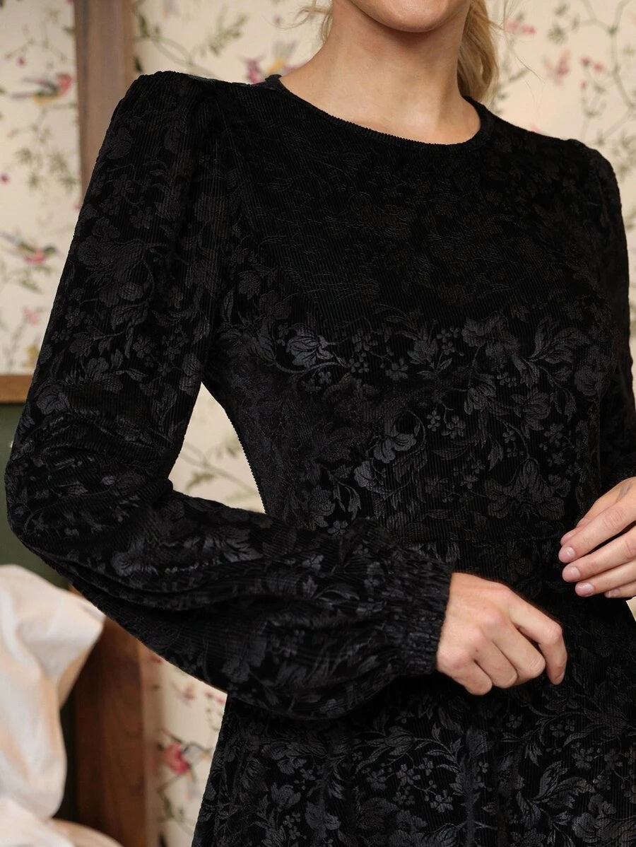 CM-DS907296 Women Elegant Seoul Style Open Back Floral Print Ribbed Velvet Dress - Black