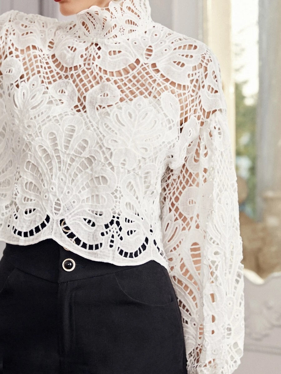CM-TS007515 Women Elegant Seoul Style Long Sleeve High Neck Guipure Lace Top - White