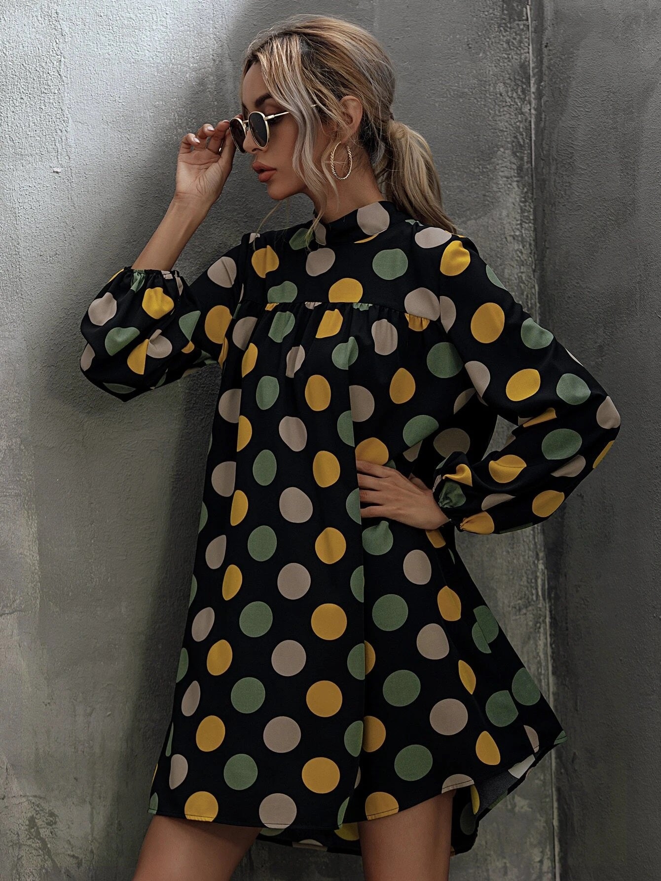 CM-DS012363 Women Casual Seoul Style Polka Dot Tie Back Bishop Sleeve Babydoll Dress