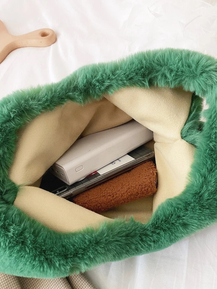 CM-BGS021747 Women Preppy Seoul Style Cartoon Design Fluffy Tote Bag - Green