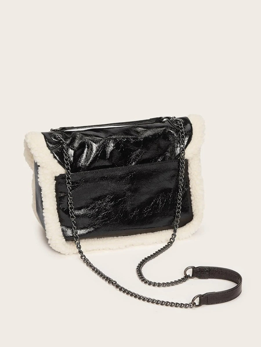 CM-BGS914175 Women Trendy Seoul Style Faux Shearling Panel Tote Bag - Black