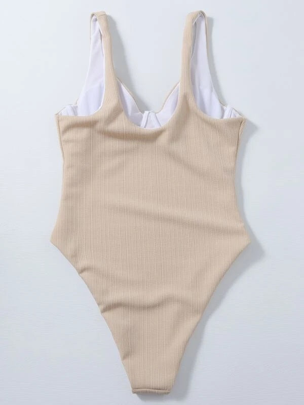 CM-SWS013150 Women Trendy Seoul Style Rib Underwire One Piece Swimsuit - Apricot