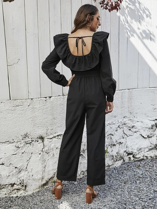 CM-JS922232 Women Elegant Seoul Style Long Sleeve Tie Back Ruffle Trim Belted Jumpsuit - Black