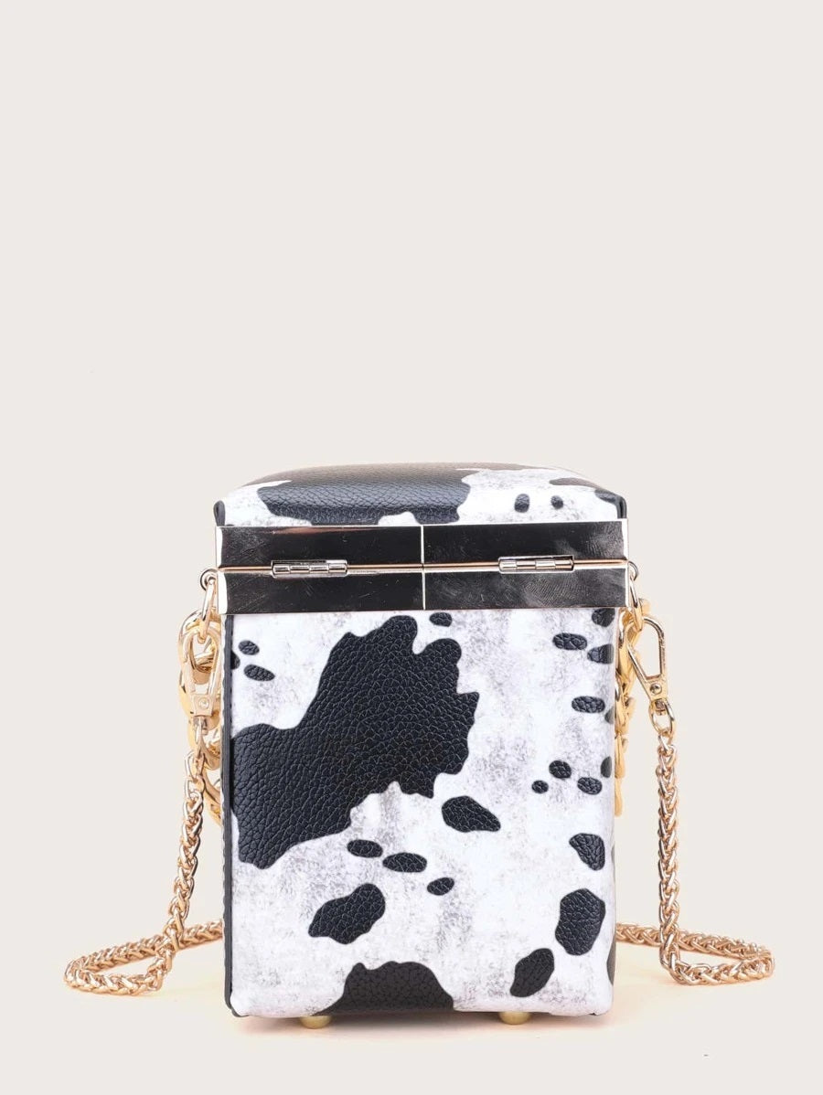 CM-BGS027348 Women Trendy Seoul Style Mini Cow Pattern Chain Box Bag