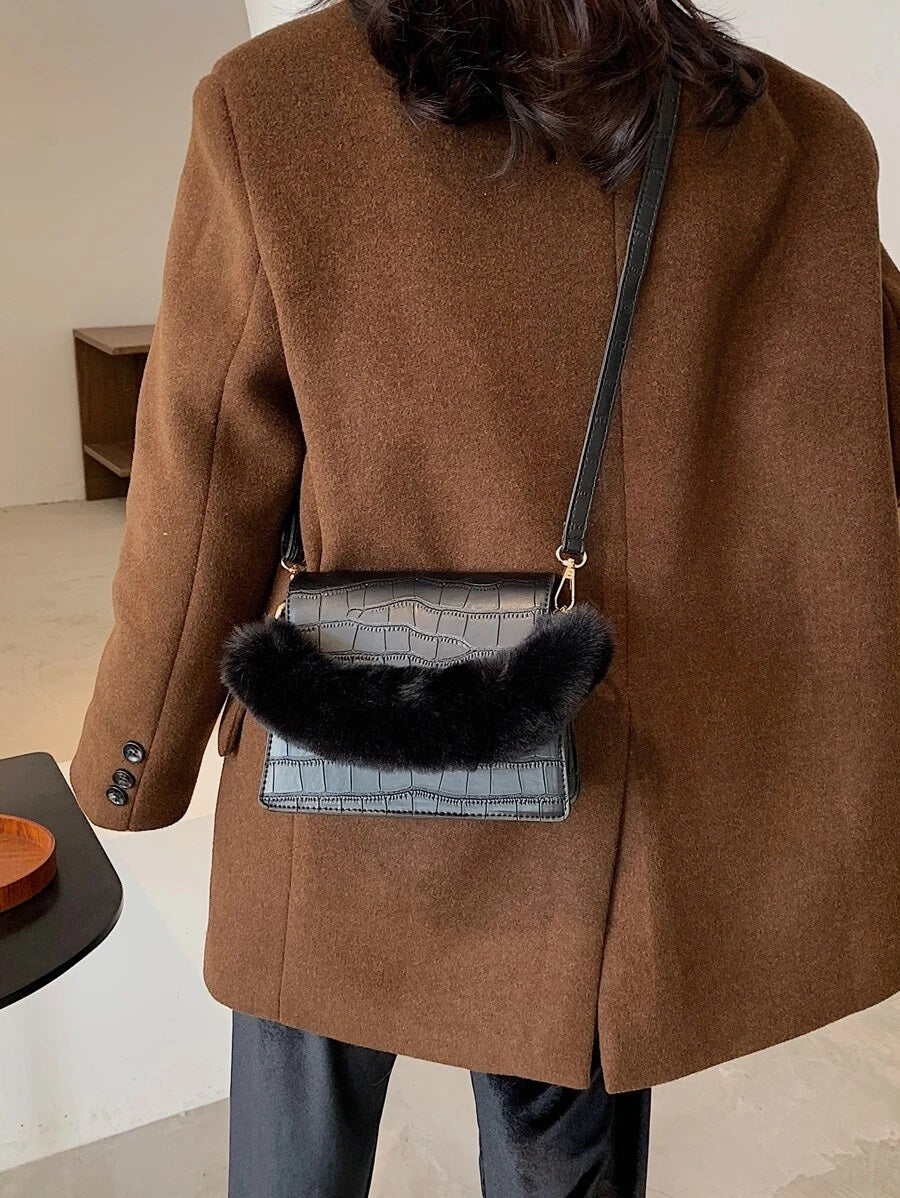 CM-BGS029301 Women Trendy Seoul Style Croc Embossed Fluffy Handle Satchel Bag