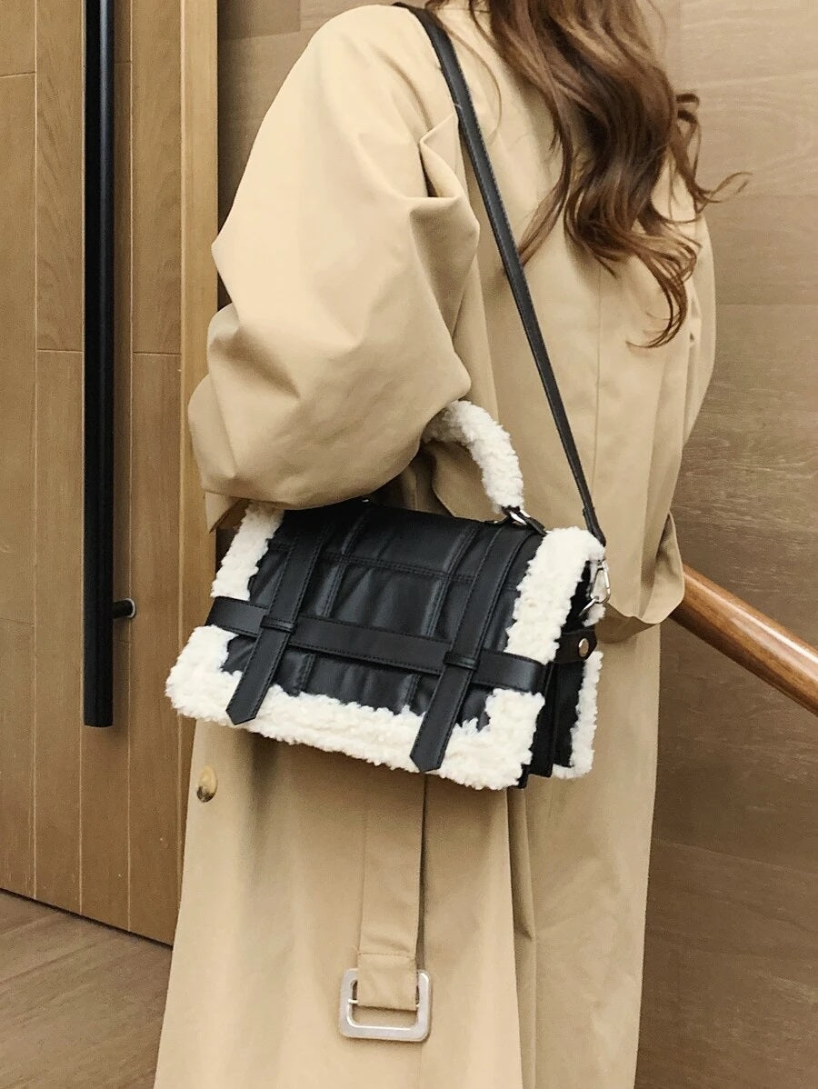 CM-BGS029690 Women Trendy Seoul Style Faux Fur Stitch Detail Satchel Bag - Black