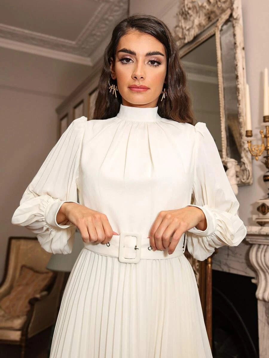 CM-DS923404 Women Elegant Seoul Style Mock-Neck Self Buckle Belted Pleated Dress - White
