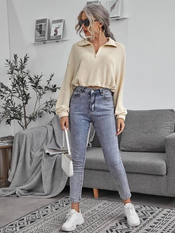 CM-TS918162 Women Casual Seoul Style Drawstring Hem Waffle Knit Sweatshirt - Beige