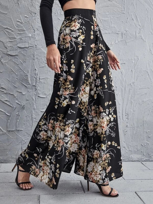 CM-BS923279 Women Trendy Bohemian Style High Waist Floral Wide Leg Pants - Black