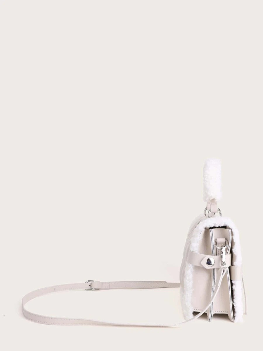 CM-BGS103714 Women Trendy Seoul Style Faux Shearling Trim Satchel Bag - White