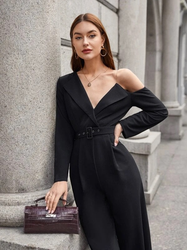CM-JS027184 Women Elegant Seoul Style Asymmetrical Neck Buckle Belted Jumpsuit - Black