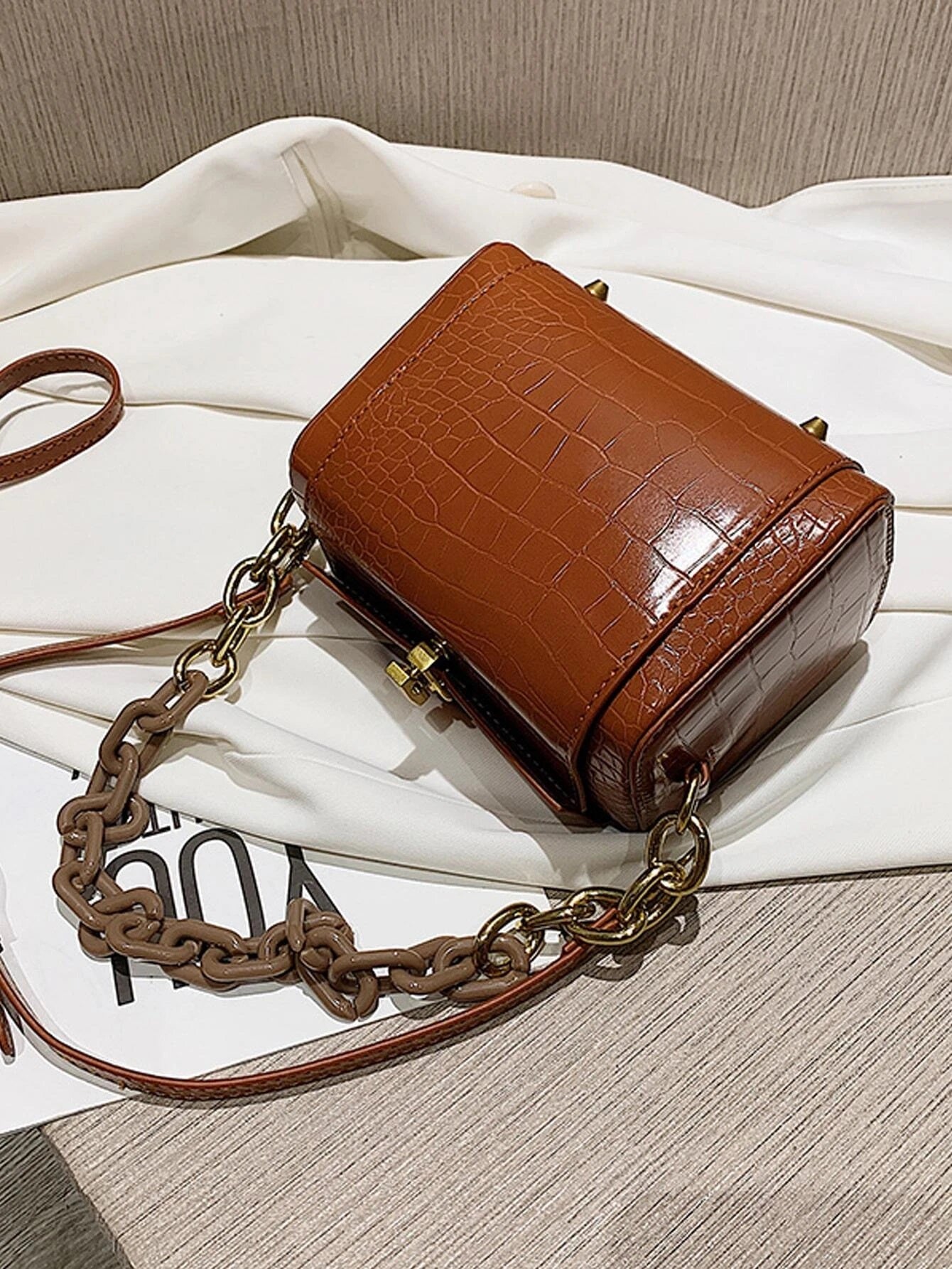 CM-BGS111032 Women Trendy Seoul Style Croc Embossed Shoulder Bag - Brown