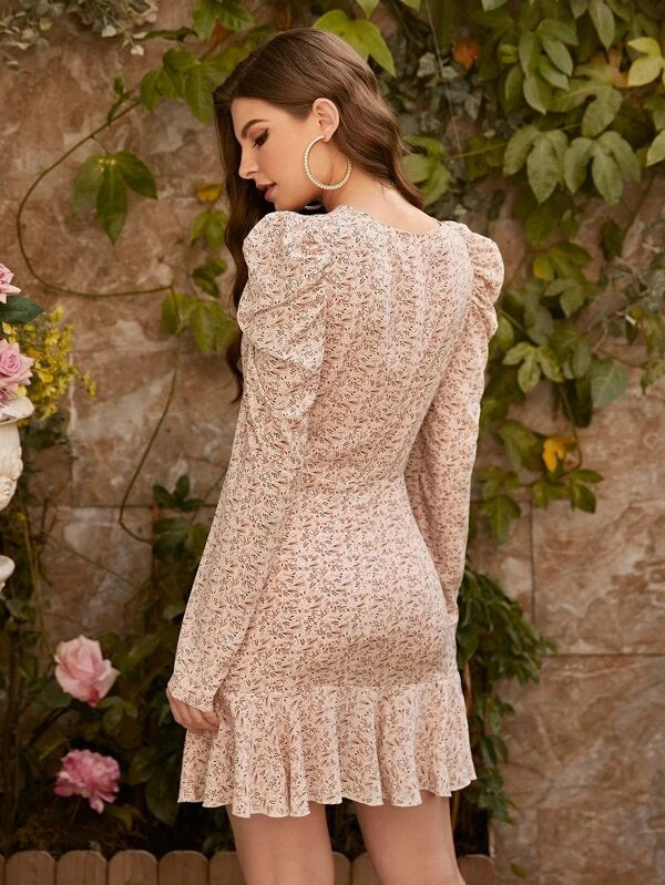 CM-DS103652 Women Casual Seoul Style Ditsy Floral Print Ruffle Hem Ruched Dress - Apricot