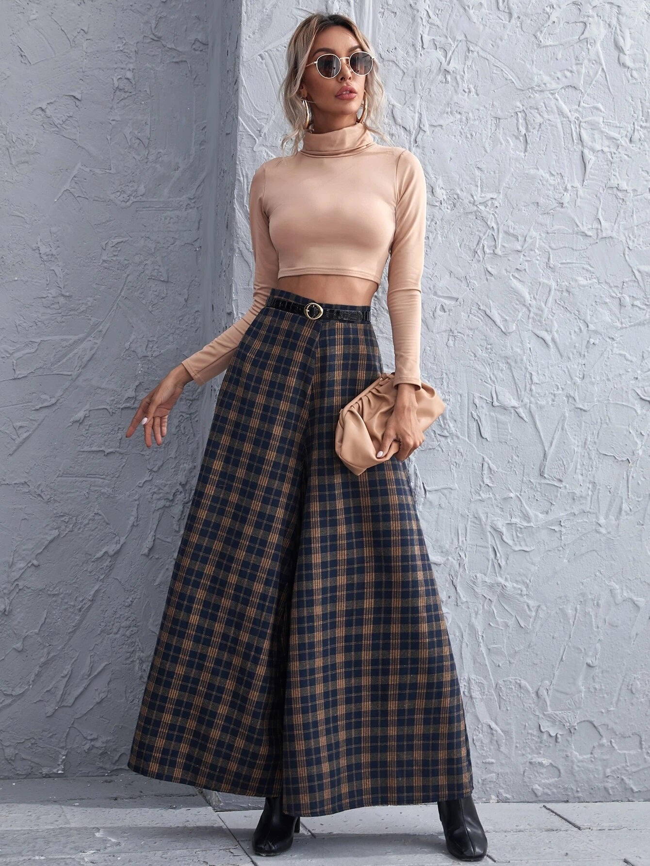 CM-BS020506 Women Casual Seoul Style High Waist Tartan Wide Leg Pants - Navy Blue