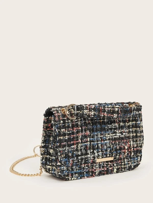 CM-BGS112631 Women Trendy Seoul Style Tweed Flap Chain Shoulder Bag - Black