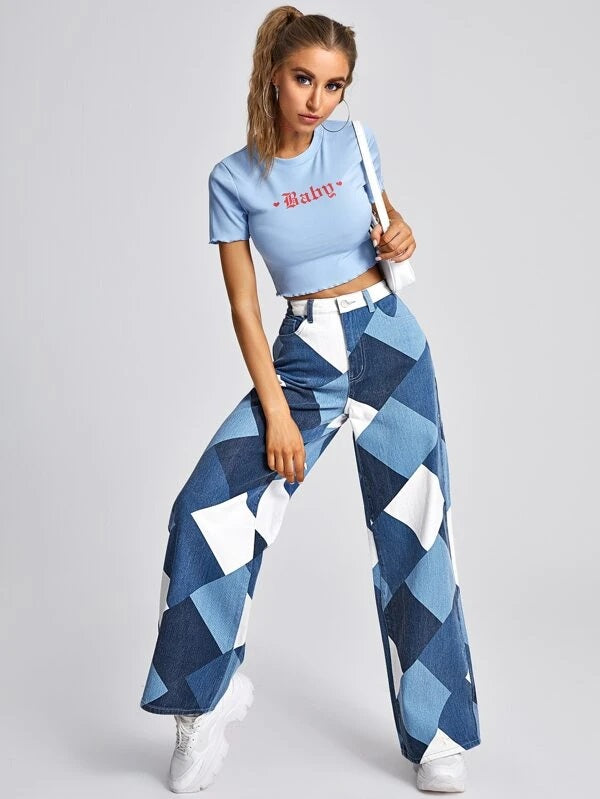 CM-BS116502 Women Casual Seoul Style High Waist Argyle Print Wide Leg Jeans