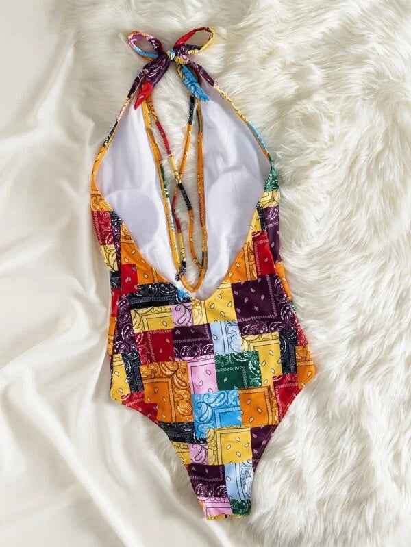 CM-SWS202733 Women Trendy Seoul Style Paisley Print Plunging One Piece Swimsuit