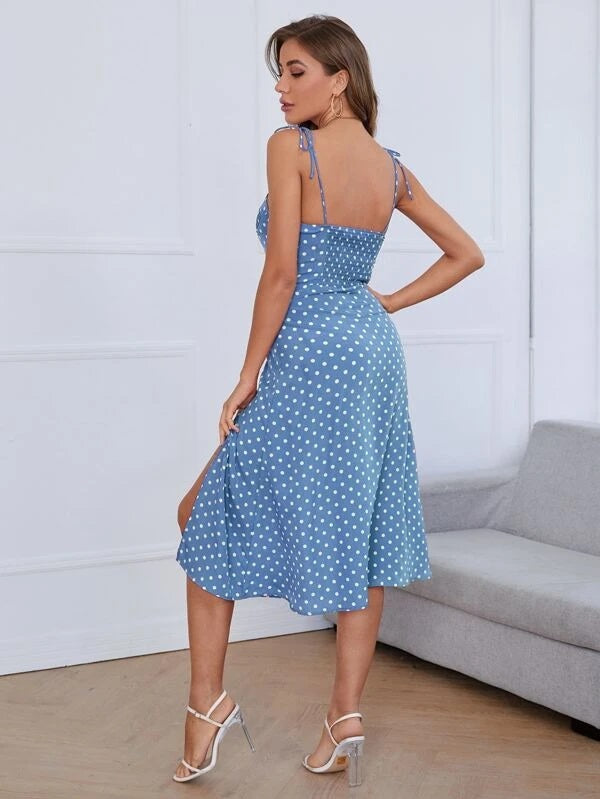 CM-DS126511 Women Casual Seoul Style Tie Shoulder High Split Hem Polka Dot Bustier Cami Dress