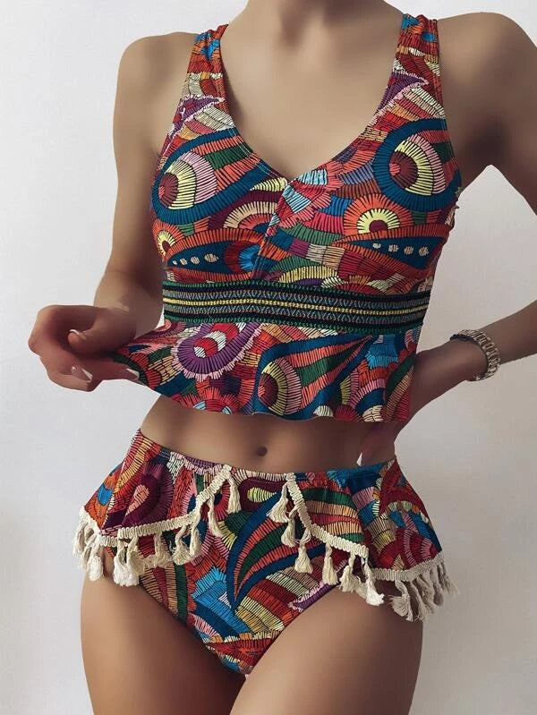 CM-SWS024880 Women Trendy Seoul Style Graphic Print Tassel Ruffle Bikini Swimsuit