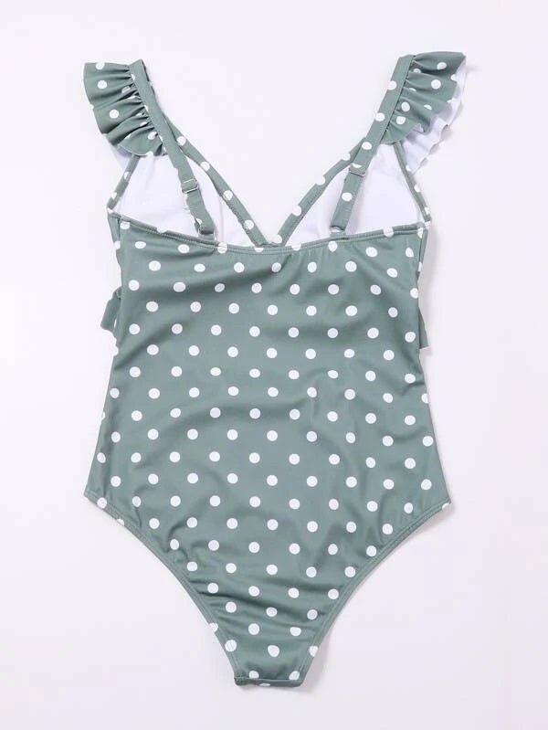 CM-SWS126670 Women Trendy Seoul Style Polka Dot Ruffle One Piece Swimsuit