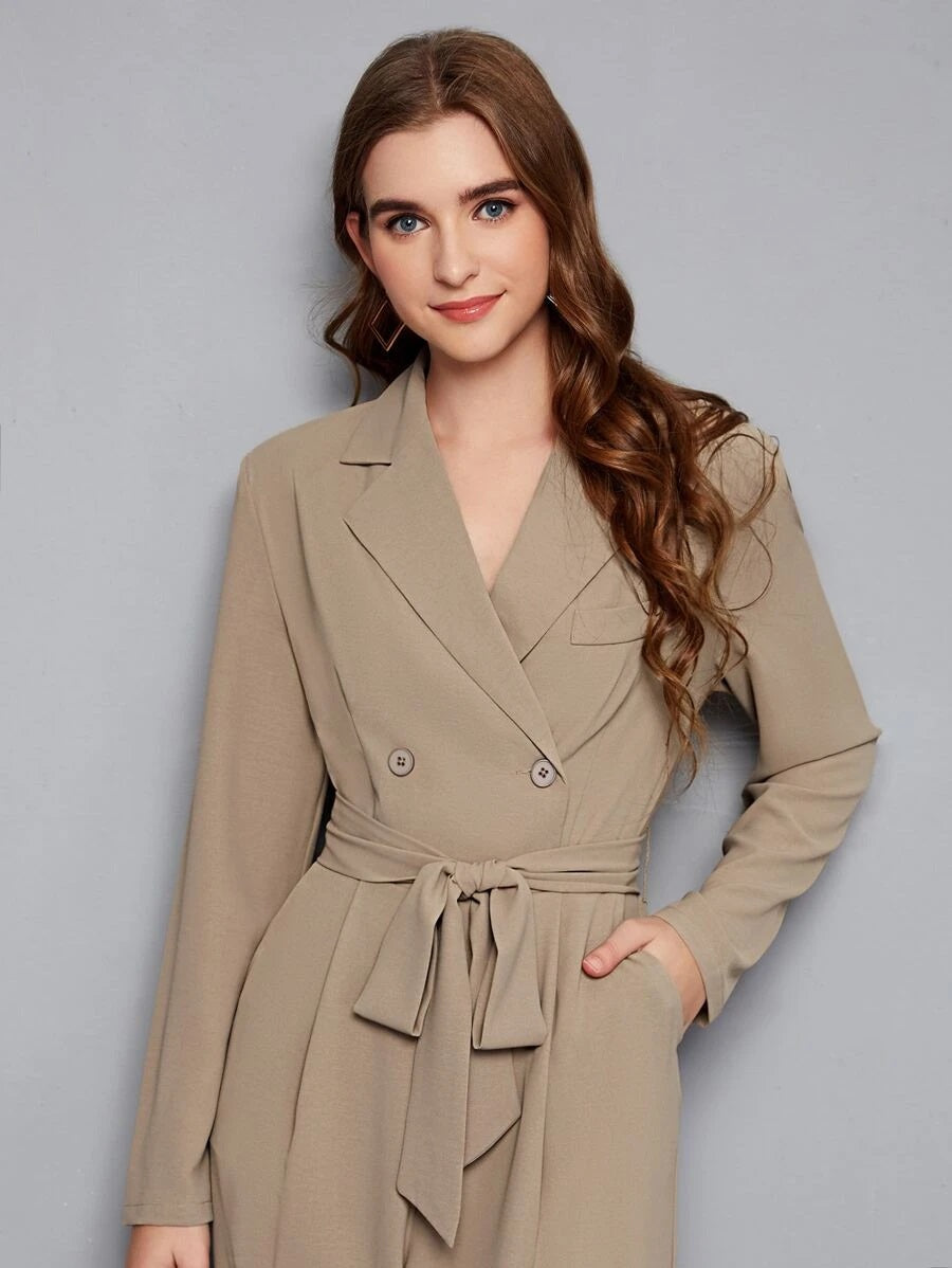 CM-JS201424 Women Elegant Seoul Style Notched Collar Buttoned Front Self Belted Jumpsuit - Khaki
