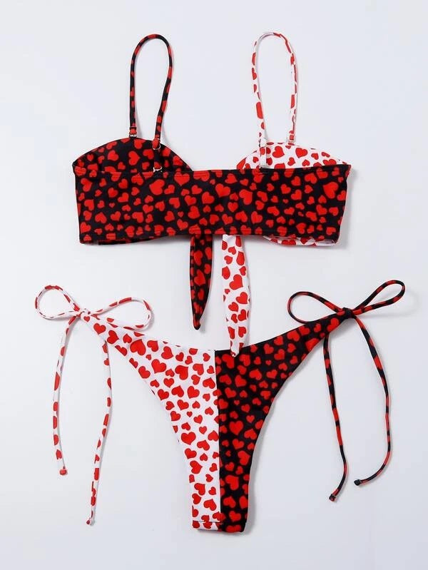 CM-SWS212941 Women Trendy Seoul Style Heart Print Tie Side Bikini Swimsuit