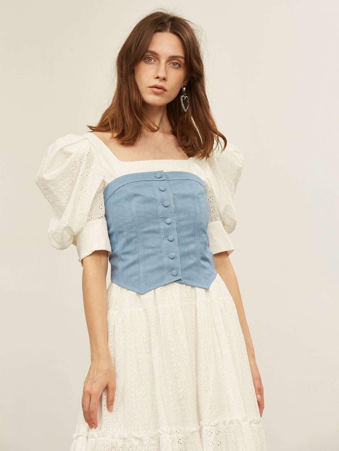 CM-ES022322 Women Elegant Seoul Style Cotton Puff Sleeve Midi Dress With Bandeau
