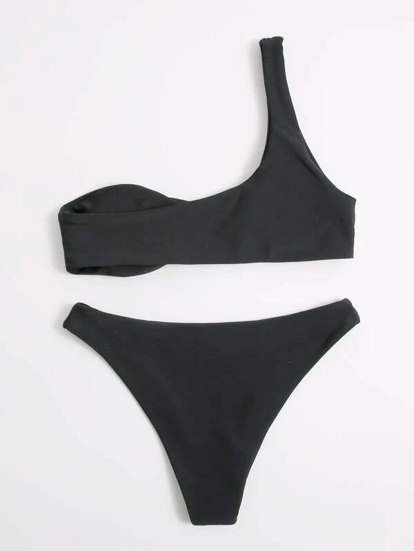 CM-SWS214628 Women Trendy Seoul Style Solid One Shoulder Bikini Swimsuit - Black