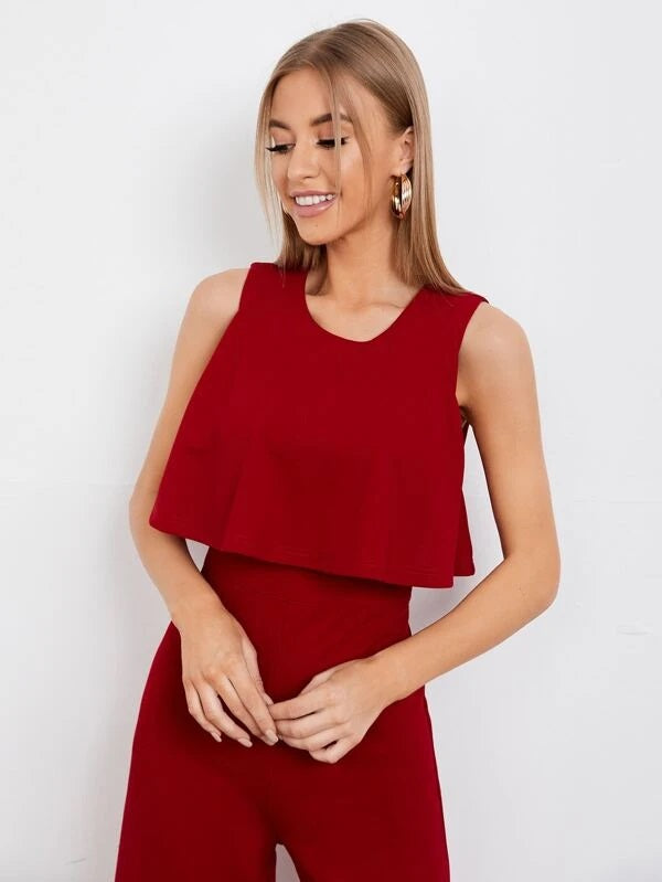 CM-JS214666 Women Elegant Seoul Style Sleeveless Wide Leg Foldover Jumpsuit - Wine Red