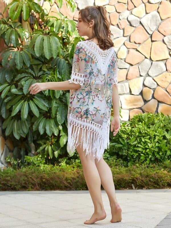 CM-SWS217923 Women Trendy Seoul Style Fringe Sheer Floral Embroidery Mesh Cover Up