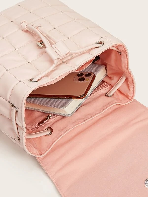 CM-BGS027291 Women Elegant Seoul Style Studded Decor Quilted Flap Backpack - Pink