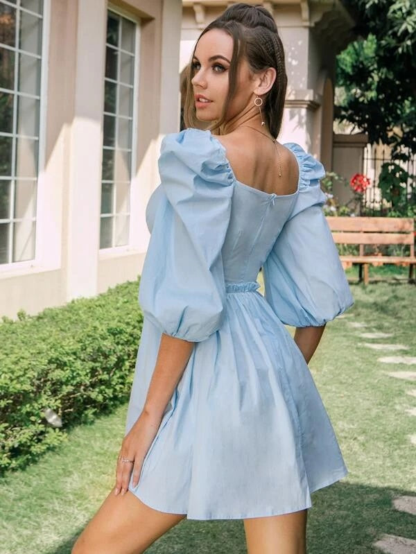 CM-DS127923 Women Elegant Seoul Style Lantern Sleeve Frill Trim Skater Dress - Baby Blue