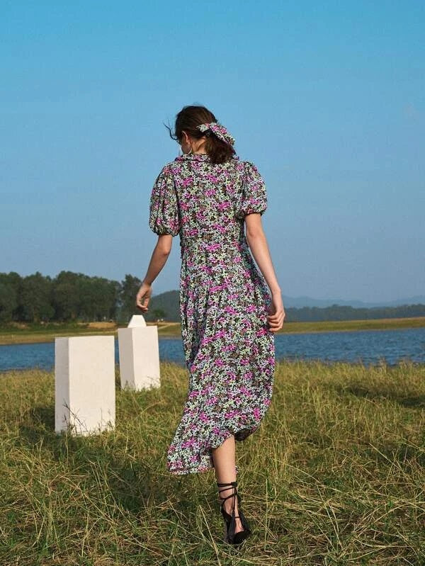 CM-DS109647 Women Trendy Bohemian Style Lantern Sleeve Frill Trim Ditsy Floral Dress