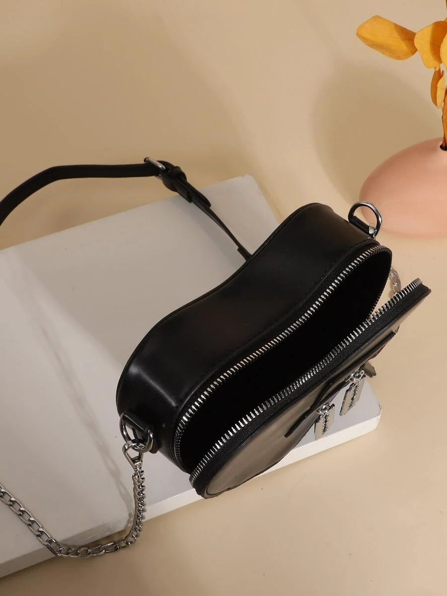 CM-BGS224568 Women Trendy Seoul Style Zipper Decor Heart Shaped Chain Bag - Black
