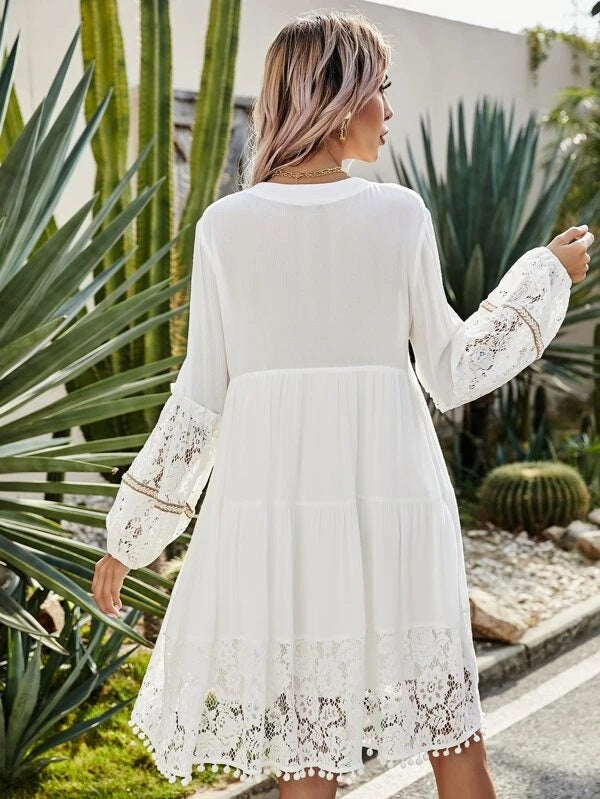CM-DS207303 Women Trendy Bohemian Style Solid Contrast Lace Tie Front Babydoll Dress - White