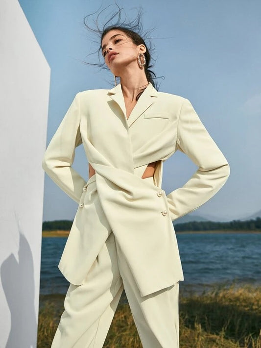 CM-CS119705 Women Elegant Seoul Style Notched Collar Twist Front Buttoned Blazer - Beige
