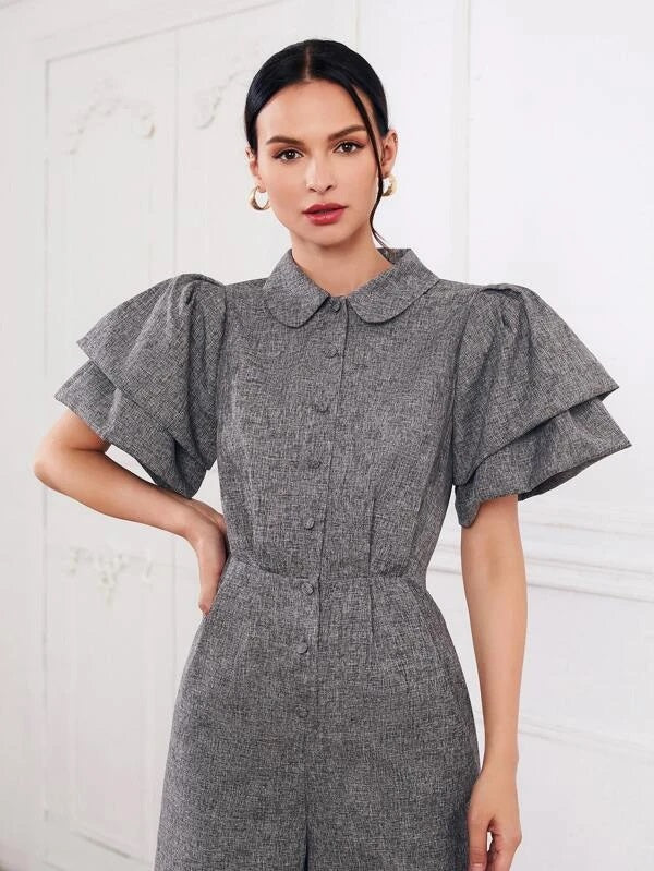 CM-JS222670 Women Elegant Seoul Style Butterfly Sleeve Linen Look Palazzo Jumpsuit - Dark Gray