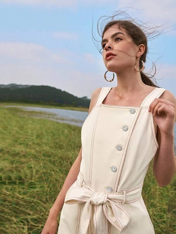 CM-JS120297 Women Trendy Bohemian Style Stitch Button Placket Belted Overall Jumpsuit - Beige