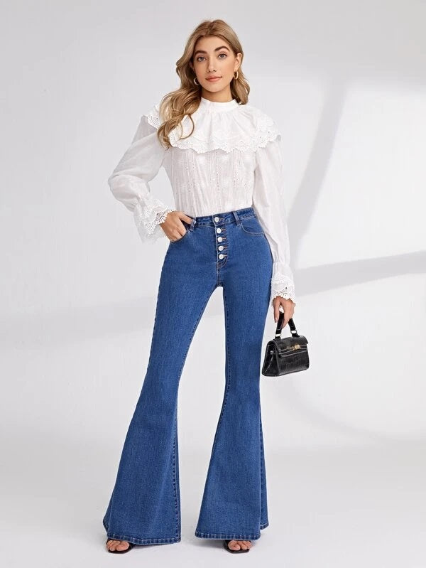 CM-BS205619 Women Casual Seoul Style Medium Wash High Waist Button Fly Flare Leg Jeans