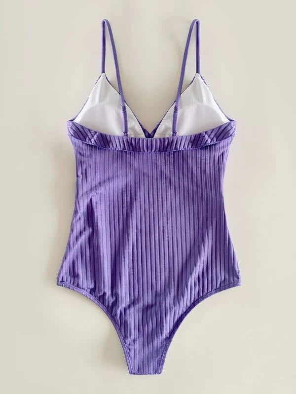 CM-SWS116424 Women Trendy Seoul Style Rib Ruffle Trim One Piece Swimsuit - Purple
