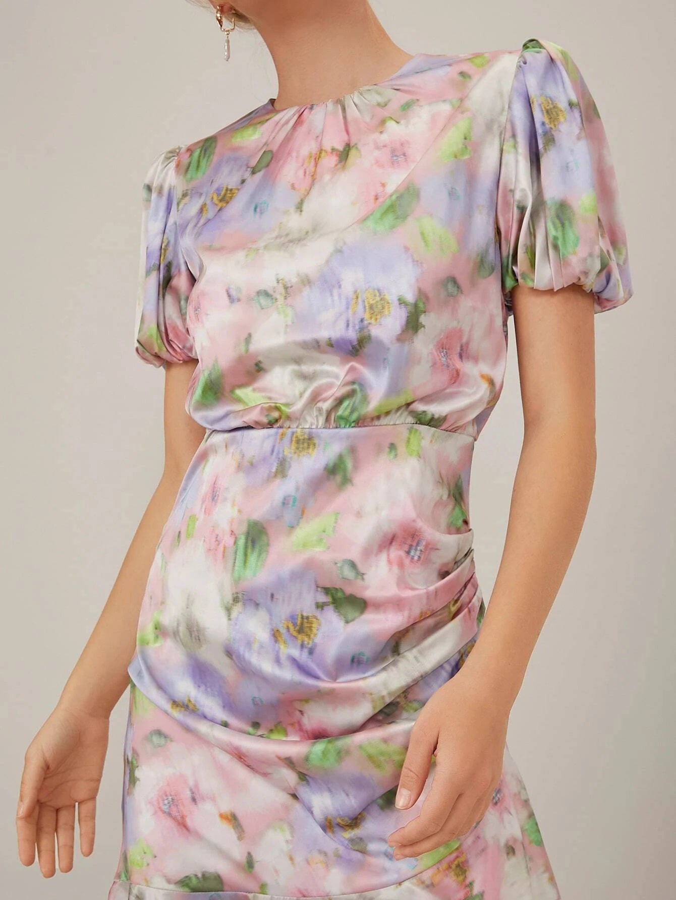 CM-ES030864 Women Elegant Seoul Style Satin Round Neck Puff Sleeve Gathered Dress
