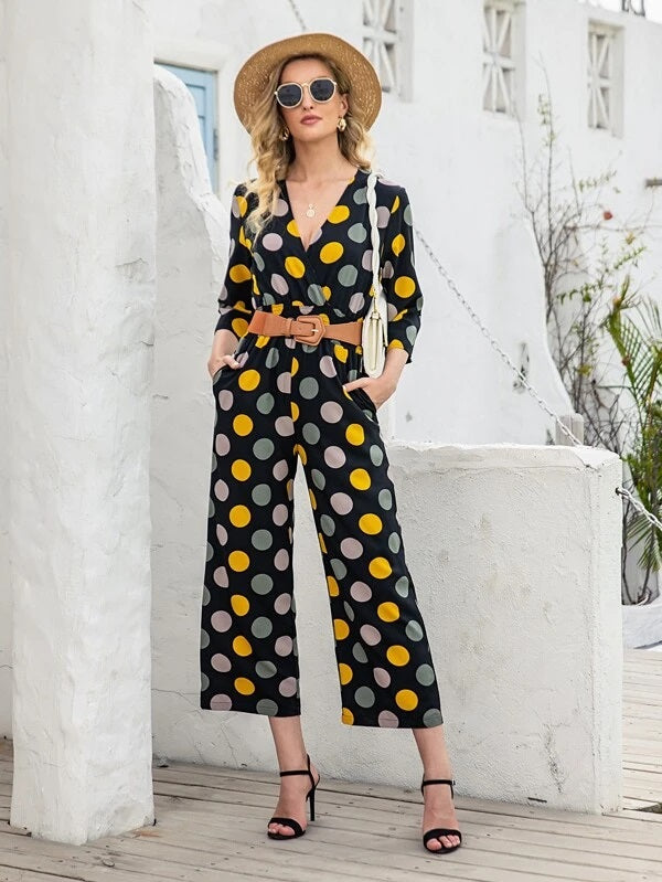 CM-JS218806 Women Casual Seoul Style Polka Dot Surplice Front Shirred Waist Culotte Jumpsuit